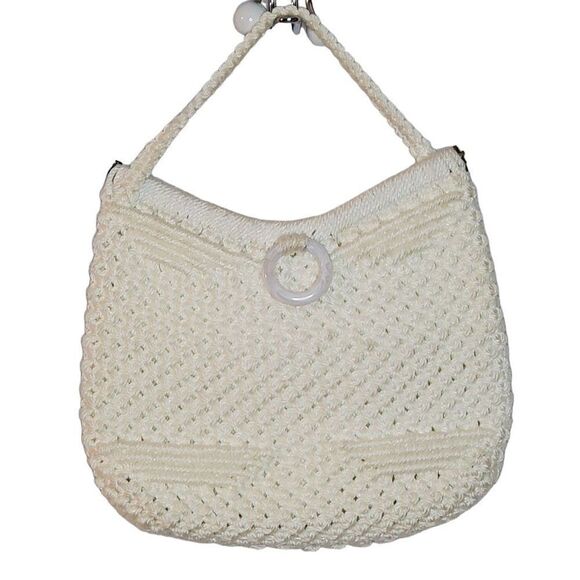 Vintage 70s Macrame Handbag Purse Medium Off White Lined Boho - Picture 2 of 6